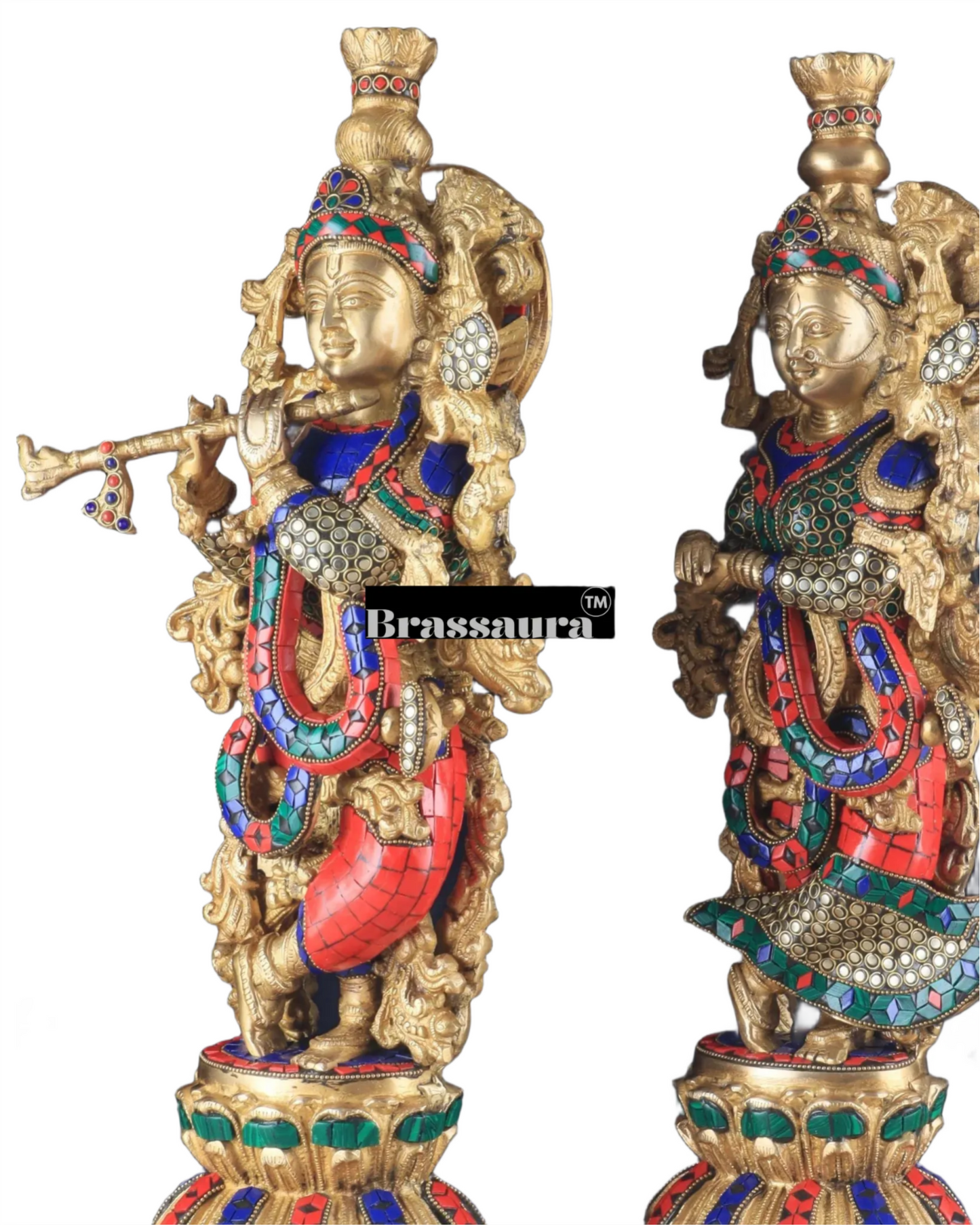 Brassaura™ Pure Brass Radha Krishna Statue with Brass Rings & Stones – Height 21 Inches & Weight 18 Kgs | Elegant Devotional Idol