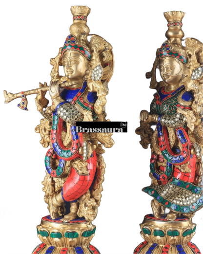 Brassaura™ Pure Brass Radha Krishna Statue with Brass Rings & Stones – Height 21 Inches & Weight 18 Kgs | Elegant Devotional Idol