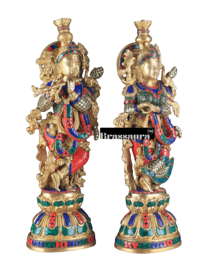 Brassaura™ Pure Brass Radha Krishna Statue with Brass Rings & Stones – Height 21 Inches & Weight 18 Kgs | Elegant Devotional Idol