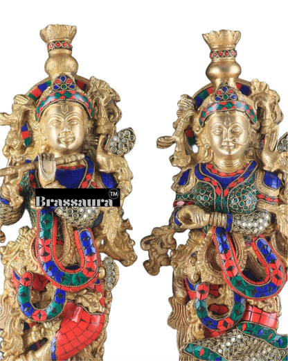 Brassaura™ Pure Brass Radha Krishna Statue with Brass Rings & Stones – Height 21 Inches & Weight 18 Kgs | Elegant Devotional Idol