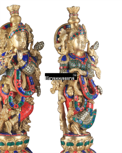 Brassaura™ Pure Brass Radha Krishna Statue with Brass Rings & Stones – Height 21 Inches & Weight 18 Kgs | Elegant Devotional Idol
