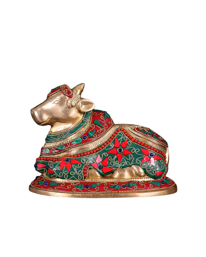 Brassaura™ Handcrafted Brass Nandi Statue with Floral Stone & Wirework – Height 6" & Weight 3.6 Kgs