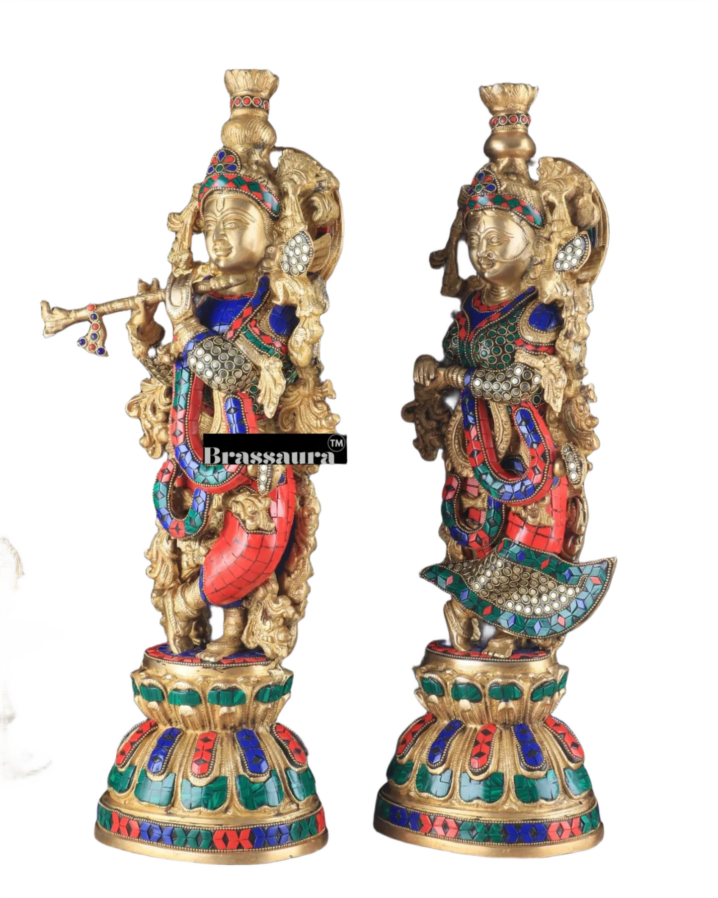 Brassaura™ Pure Brass Radha Krishna Statue with Brass Rings & Stones – Height 21 Inches & Weight 18 Kgs | Elegant Devotional Idol