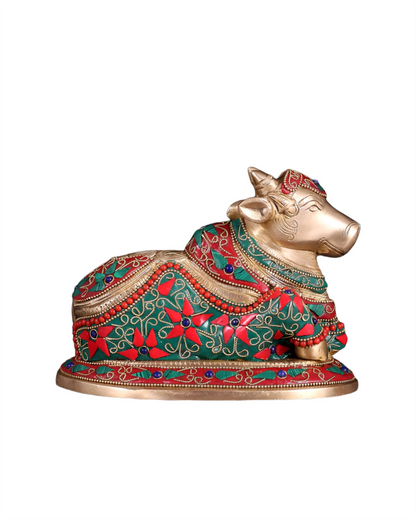 Brassaura™ Handcrafted Brass Nandi Statue with Floral Stone & Wirework – Height 6" & Weight 3.6 Kgs
