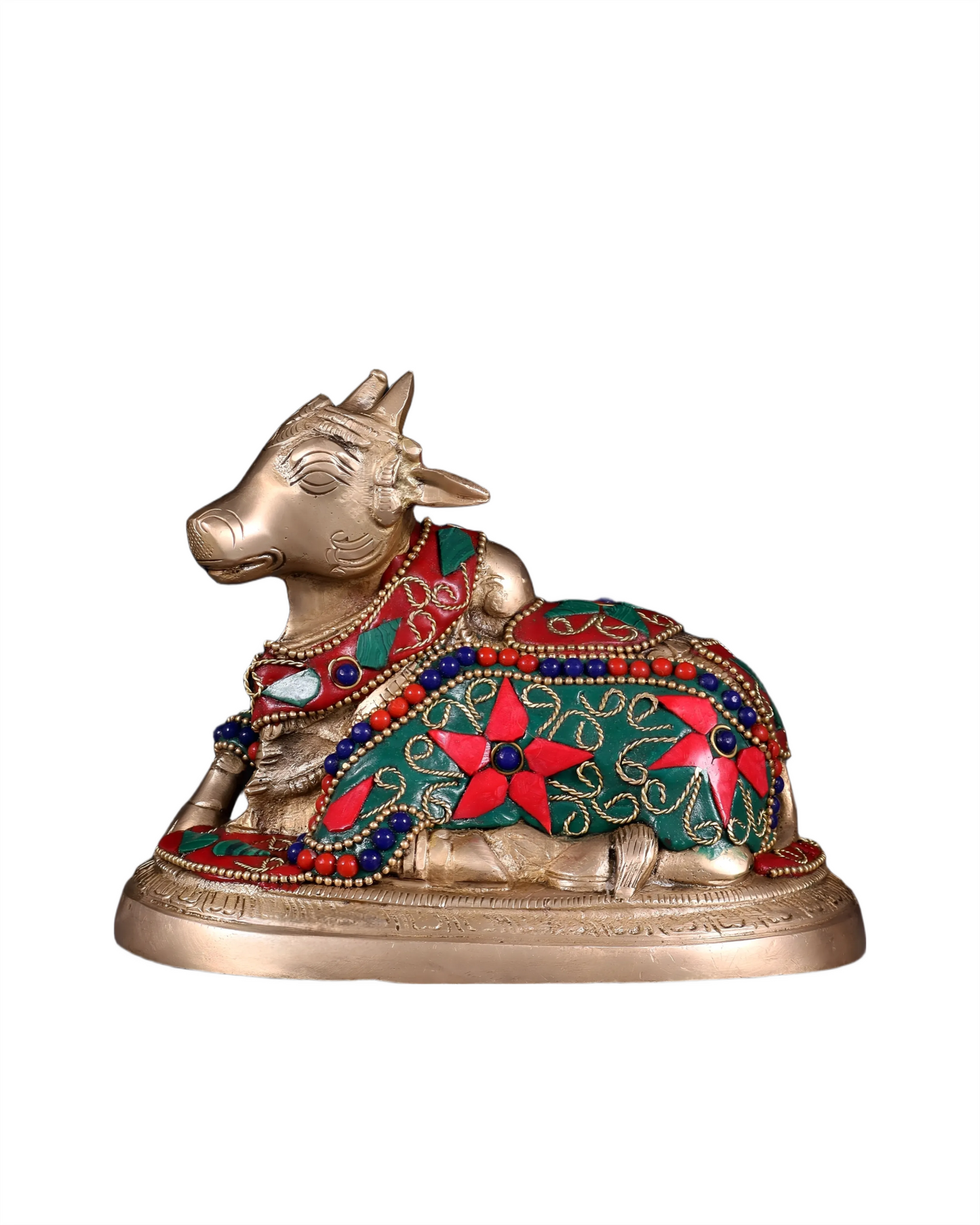 Brassaura™ Brass Superfine Nandi Bull Idol with Floral Stonework – Height 4.5" & Weight 2 Kgs