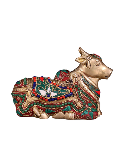 Brassaura™ Small Brass Nandi Idol with Floral Stonework – Height 4.5" & Weight 1.65 Kgs