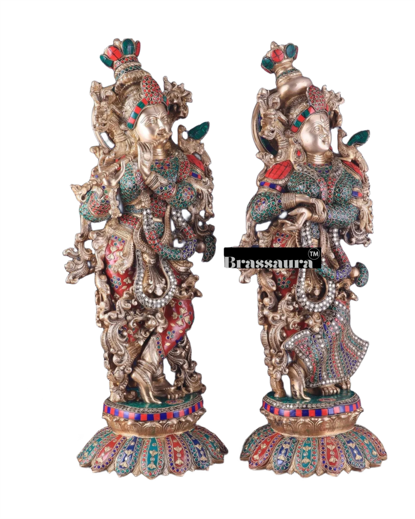 Brassaura™ Pure Brass Radha Krishna Statue with Triple-Layered Meenakari – Height 27 Inches & Weight 40 Kgs | Majestic Devotional Idol
