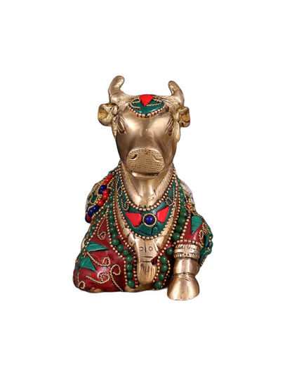 Brassaura™ Small Brass Nandi Idol with Floral Stonework – Height 4.5" & Weight 1.65 Kgs