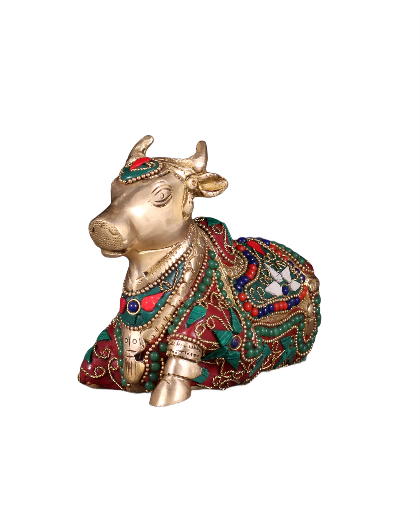 Brassaura™ Small Brass Nandi Idol with Floral Stonework – Height 4.5" & Weight 1.65 Kgs