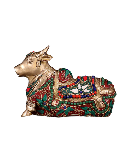 Brassaura™ Small Brass Nandi Idol with Floral Stonework – Height 4.5" & Weight 1.65 Kgs