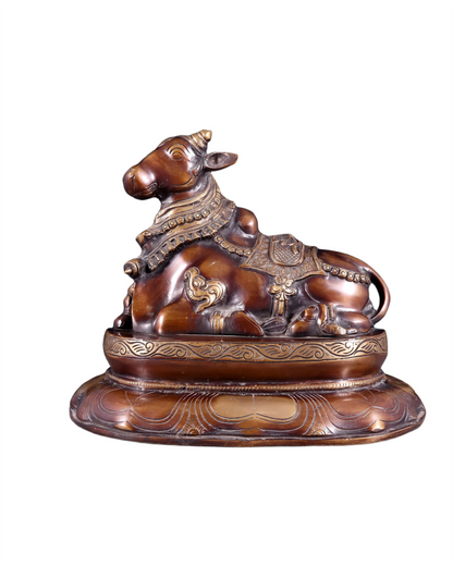 Brassaura™ Pure Brass Nandi/Nandikeshwar Idol – Height 10" & Weight 7.5 Kgs | Seated on Engraved Base