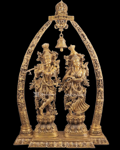 Brassaura™ Magnificent Brass Radha Krishna Temple Arch with Krishna Leelas – Arch Height 45 Inches & Total Weight 70 Kgs | Elegant Devotional Masterpiece