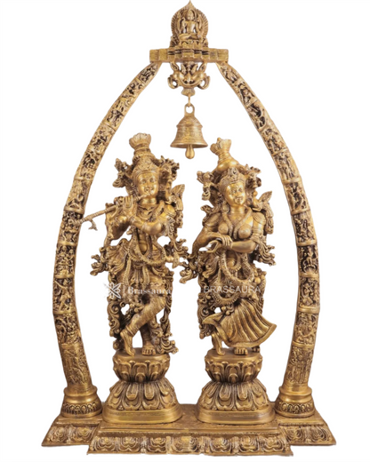 Brassaura™ Magnificent Brass Radha Krishna Temple Arch with Krishna Leelas – Arch Height 45 Inches & Total Weight 70 Kgs | Elegant Devotional Masterpiece