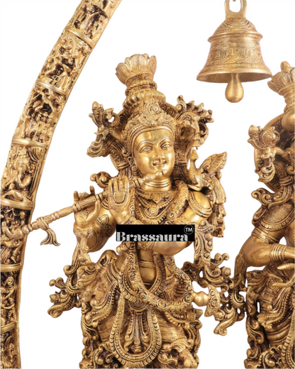 Brassaura™ Magnificent Brass Radha Krishna Temple Arch with Krishna Leelas – Arch Height 45 Inches & Total Weight 70 Kgs | Elegant Devotional Masterpiece