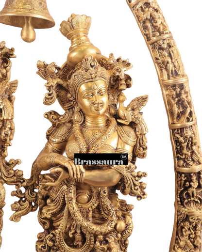 Brassaura™ Magnificent Brass Radha Krishna Temple Arch with Krishna Leelas – Arch Height 45 Inches & Total Weight 70 Kgs | Elegant Devotional Masterpiece