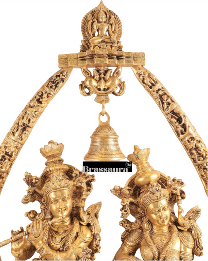 Brassaura™ Magnificent Brass Radha Krishna Temple Arch with Krishna Leelas – Arch Height 45 Inches & Total Weight 70 Kgs | Elegant Devotional Masterpiece