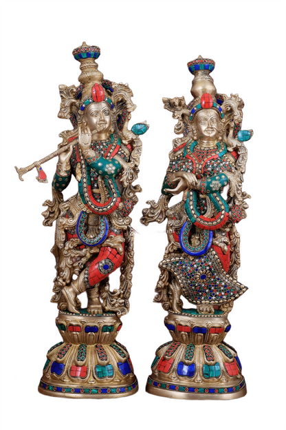 Brassaura™ Brass Radha Krishna Idol Pair with Double-Layered Meenakari – Height 25.5 Inches & Weight 25 Kgs | Elegant Devotional Statue