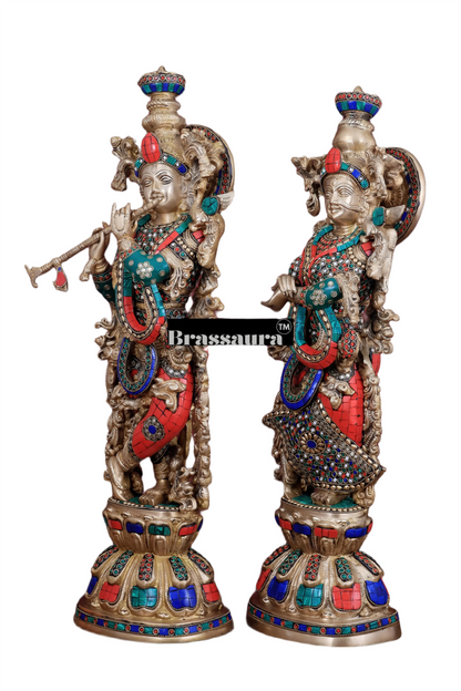 Brassaura™ Brass Radha Krishna Idol Pair with Double-Layered Meenakari – Height 25.5 Inches & Weight 25 Kgs | Elegant Devotional Statue