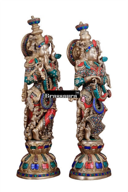 Brassaura™ Brass Radha Krishna Idol Pair with Double-Layered Meenakari – Height 25.5 Inches & Weight 25 Kgs | Elegant Devotional Statue