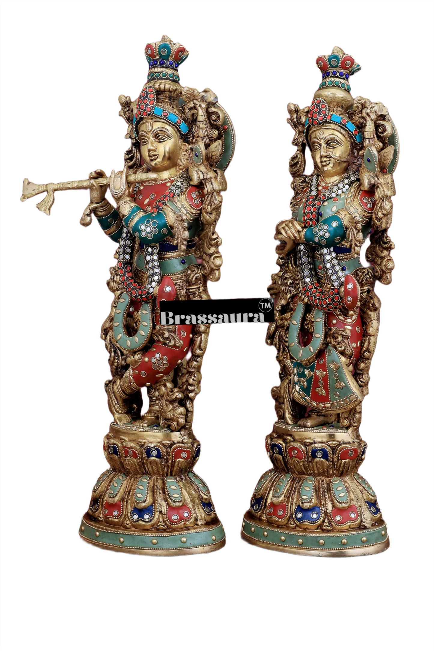 Brassaura™ Brass Radha Krishna Idol Pair – Height 21 Inches & Weight 18 Kgs | Handcrafted Devotional Statues