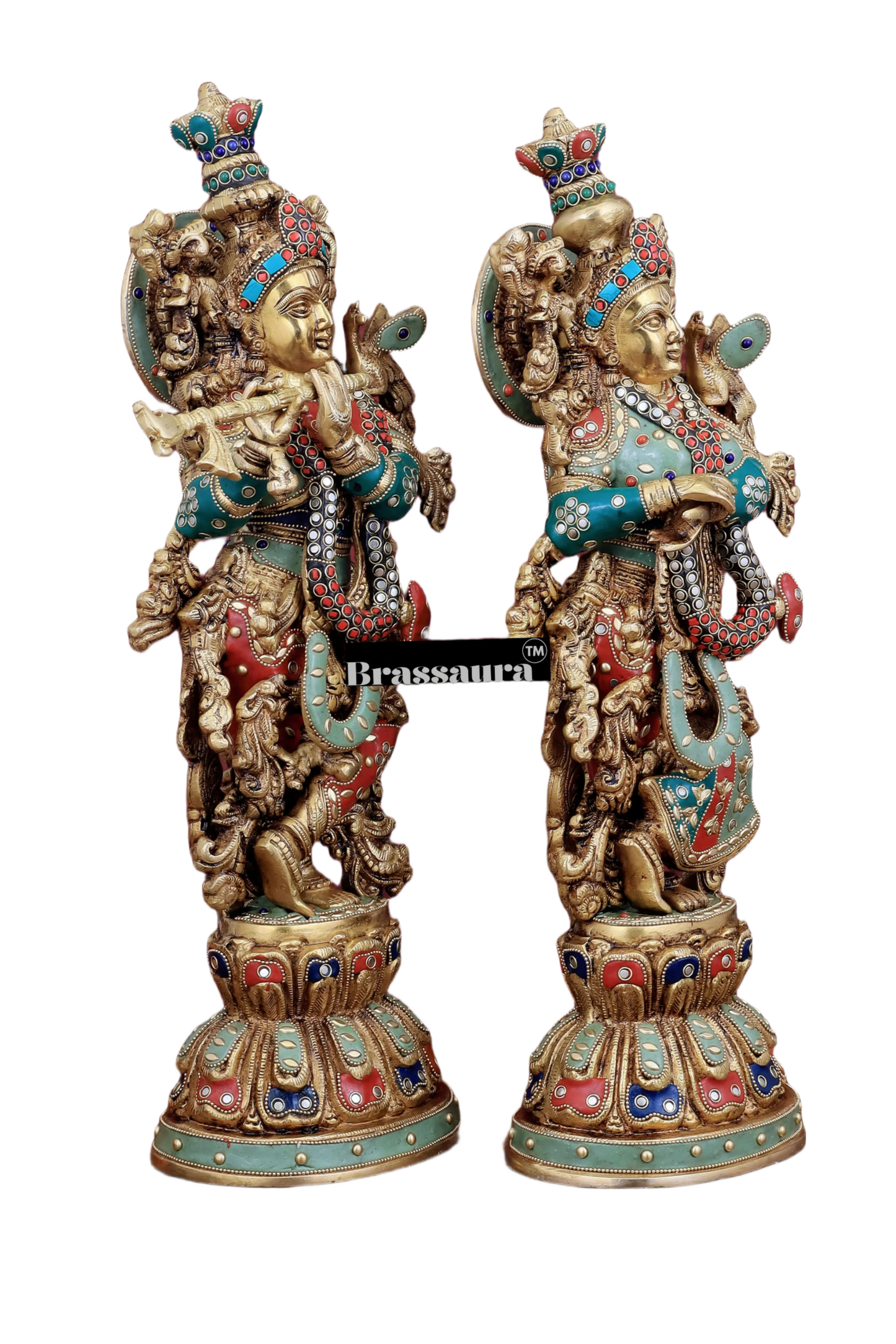 Brassaura™ Brass Radha Krishna Idol Pair – Height 21 Inches & Weight 18 Kgs | Handcrafted Devotional Statues