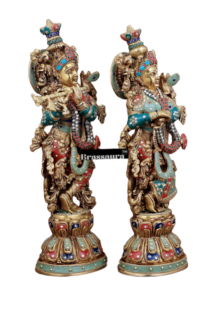 Brassaura™ Brass Radha Krishna Idol Pair – Height 21 Inches & Weight 18 Kgs | Handcrafted Devotional Statues