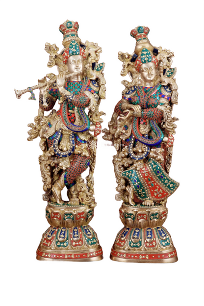 Brassaura™ Handmade Brass Radha Krishna Idol Pair with Meenakari – Height 30 & 29 Inches & Weight 35 Kgs | Elegant Devotional Statues