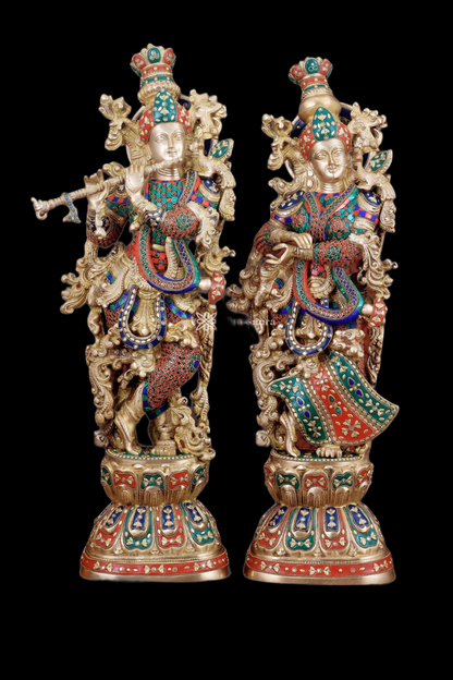 Brassaura™ Handmade Brass Radha Krishna Idol Pair with Meenakari – Height 30 & 29 Inches & Weight 35 Kgs | Elegant Devotional Statues