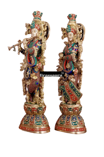 Brassaura™ Handmade Brass Radha Krishna Idol Pair with Meenakari – Height 30 & 29 Inches & Weight 35 Kgs | Elegant Devotional Statues