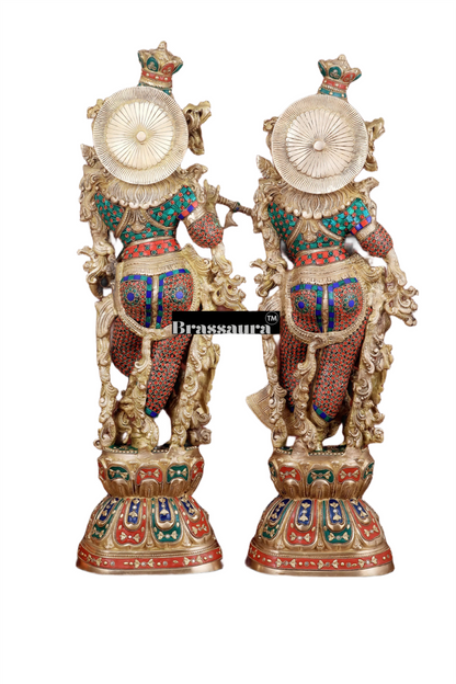Brassaura™ Handmade Brass Radha Krishna Idol Pair with Meenakari – Height 30 & 29 Inches & Weight 35 Kgs | Elegant Devotional Statues