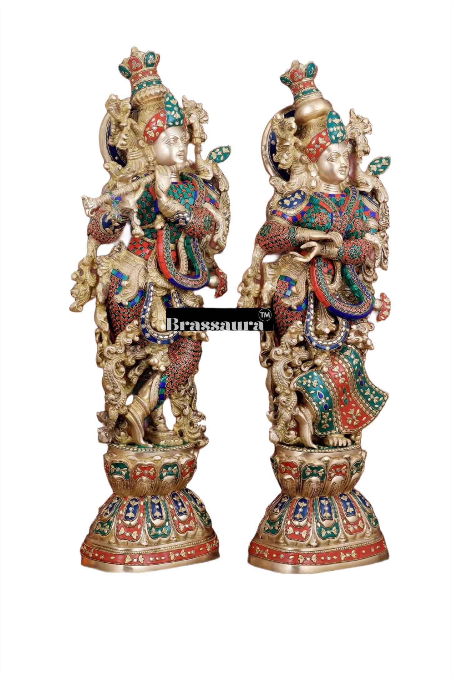 Brassaura™ Handmade Brass Radha Krishna Idol Pair with Meenakari – Height 30 & 29 Inches & Weight 35 Kgs | Elegant Devotional Statues