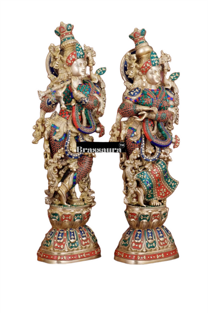 Brassaura™ Handmade Brass Radha Krishna Idol Pair with Meenakari – Height 30 & 29 Inches & Weight 35 Kgs | Elegant Devotional Statues