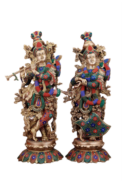 Brassaura™ Pure Brass Radha Krishna Statue with Triple-Layered Meenakari – Height 27 Inches & Weight 40 Kgs | Majestic Devotional Idol