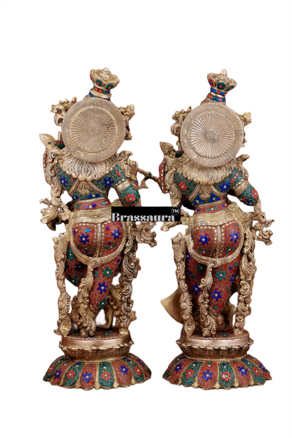 Brassaura™ Pure Brass Radha Krishna Statue with Triple-Layered Meenakari – Height 27 Inches & Weight 40 Kgs | Majestic Devotional Idol