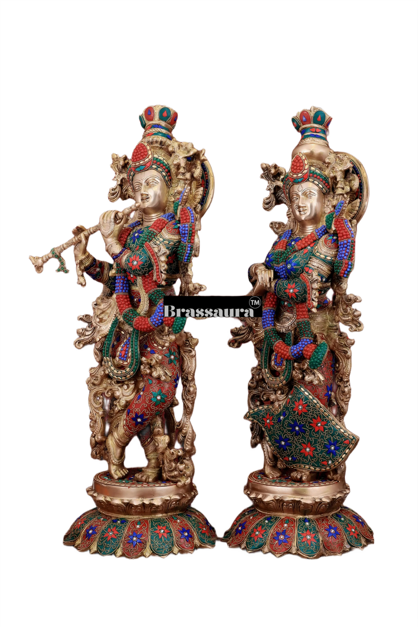 Brassaura™ Pure Brass Radha Krishna Statue with Triple-Layered Meenakari – Height 27 Inches & Weight 40 Kgs | Majestic Devotional Idol