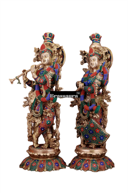 Brassaura™ Pure Brass Radha Krishna Statue with Triple-Layered Meenakari – Height 27 Inches & Weight 40 Kgs | Majestic Devotional Idol