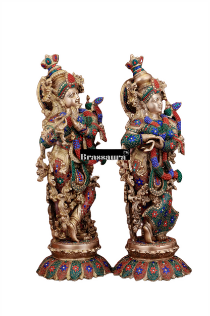 Brassaura™ Pure Brass Radha Krishna Statue with Triple-Layered Meenakari – Height 27 Inches & Weight 40 Kgs | Majestic Devotional Idol