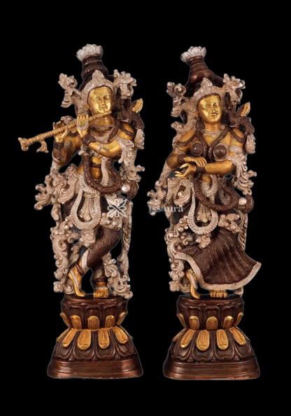 Brassaura™ Antique Brass Radha Krishna Statue – Height 30 Inches & Weight 33 Kgs | Handcrafted Three-Tone Finish
