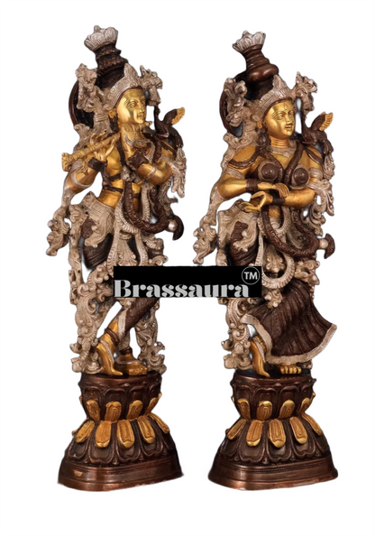 Brassaura™ Antique Brass Radha Krishna Statue – Height 30 Inches & Weight 33 Kgs | Handcrafted Three-Tone Finish