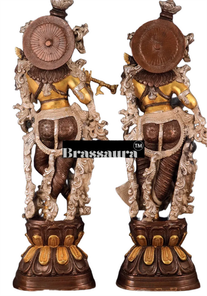 Brassaura™ Antique Brass Radha Krishna Statue – Height 30 Inches & Weight 33 Kgs | Handcrafted Three-Tone Finish