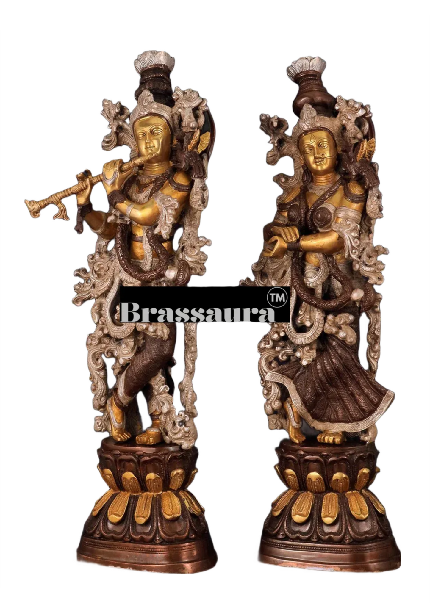 Brassaura™ Antique Brass Radha Krishna Statue – Height 30 Inches & Weight 33 Kgs | Handcrafted Three-Tone Finish