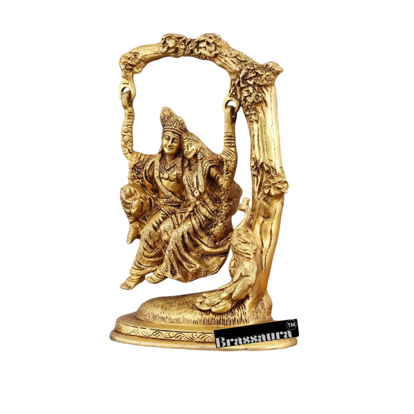 Brassaura™ Pure Brass Radha Krishna Swing – 10.5" Height | 3.10 kg – Divine Tree-Hung Idol for Home Décor