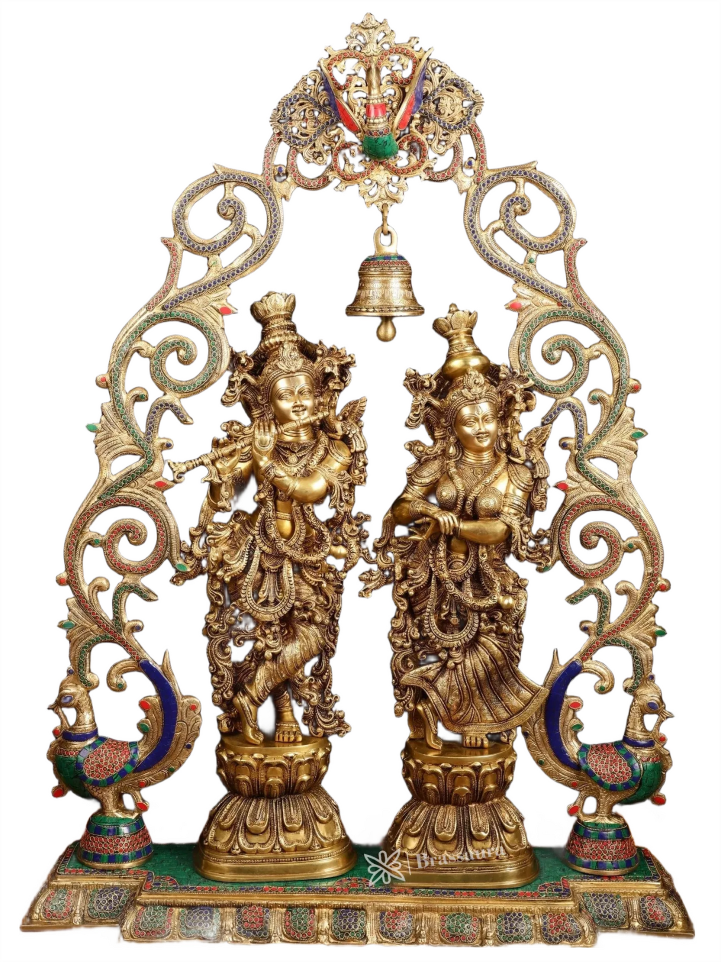 Brassaura™ Brass Radha Krishna Statues with Peacock-Inspired Temple Arch – 45" Height | 67 kg – Majestic Divine Décor