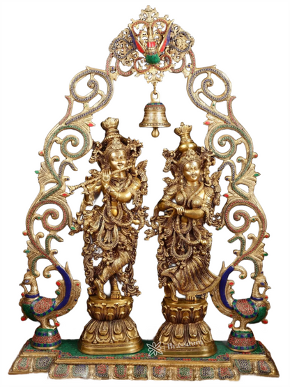 Brassaura™ Brass Radha Krishna Statues with Peacock-Inspired Temple Arch – 45" Height | 67 kg – Majestic Divine Décor