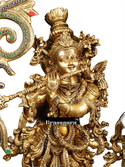 Brassaura™ Brass Radha Krishna Statues with Peacock-Inspired Temple Arch – 45" Height | 67 kg – Majestic Divine Décor