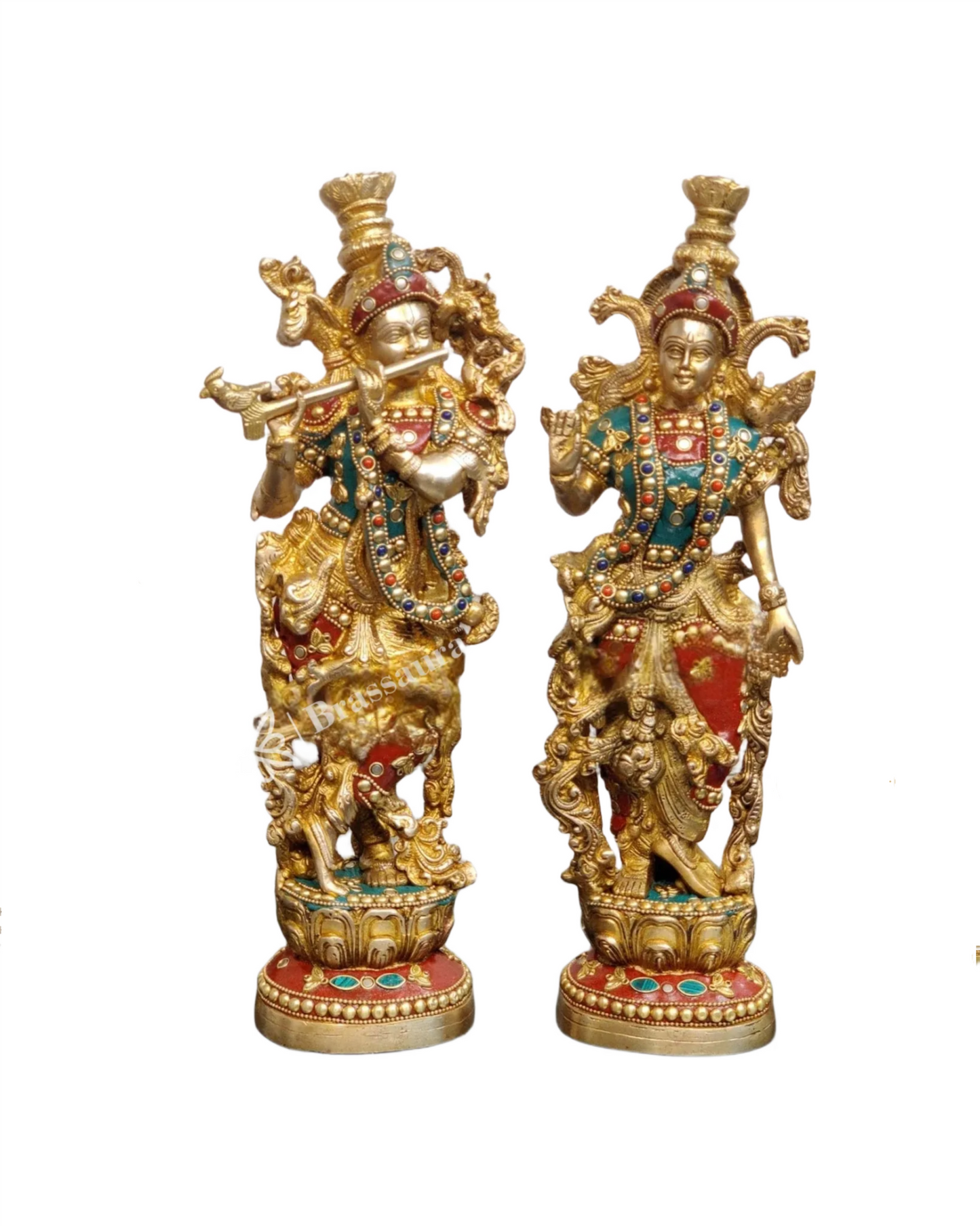 Brassaura™ Finely Carved Radha Krishna Statues – 14 Inch Height, 8.5 Kg Pair | Natural Stone & Pure Brass Ring Detailing