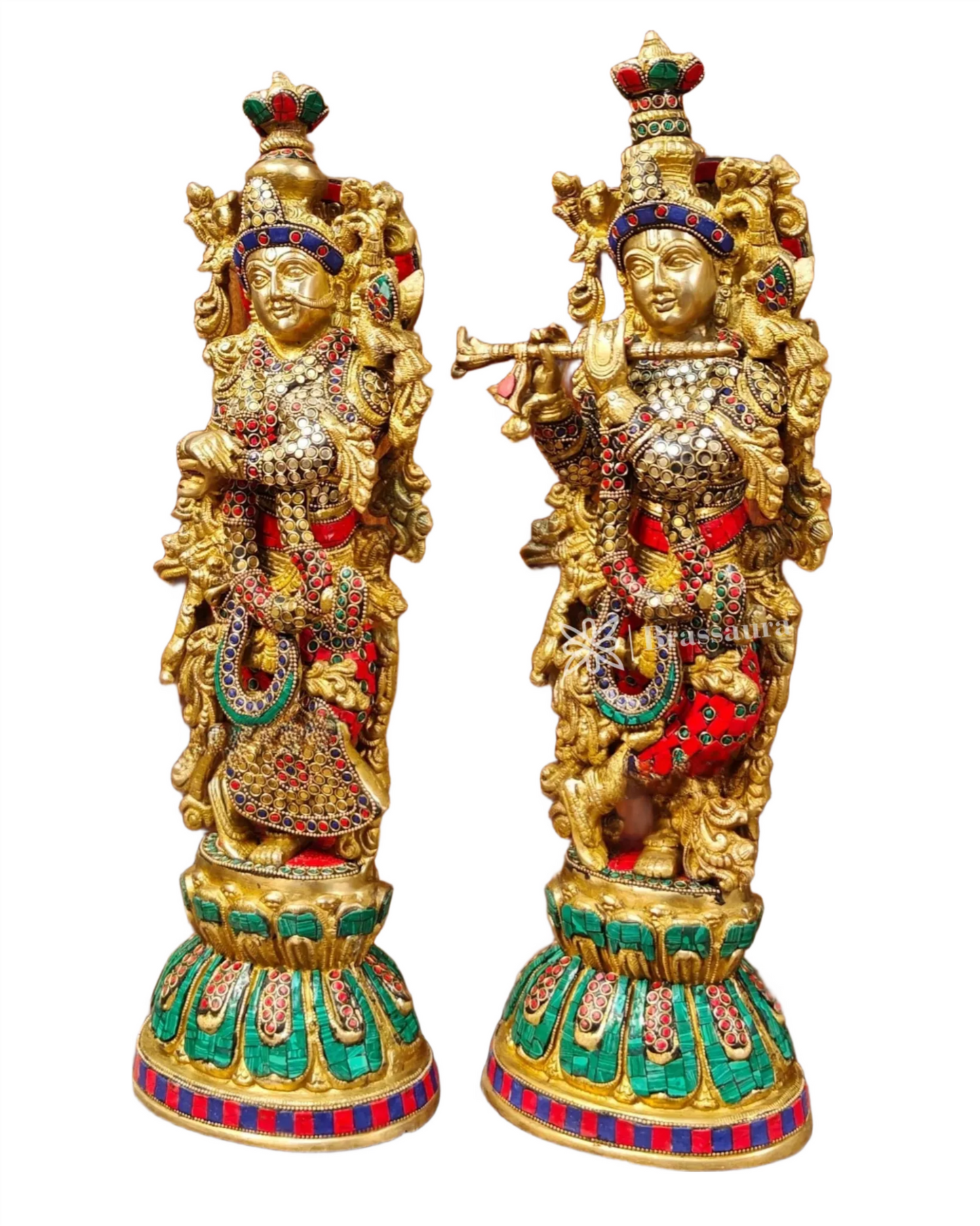 Brassaura™ Handcrafted Radha Krishna Statues – 21 Inch Height, 19 Kg Pair | Brass & Natural Stone Embellished