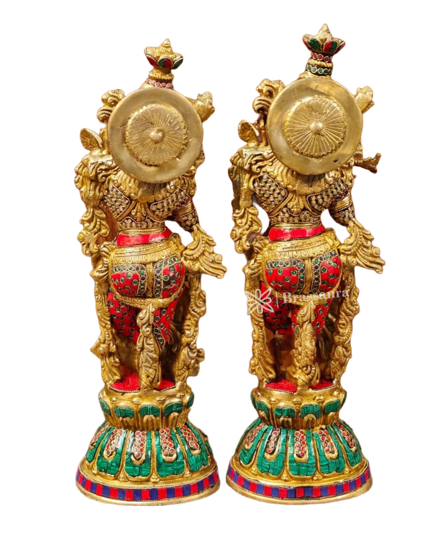 Brassaura™ Handcrafted Radha Krishna Statues – 21 Inch Height, 19 Kg Pair | Brass & Natural Stone Embellished