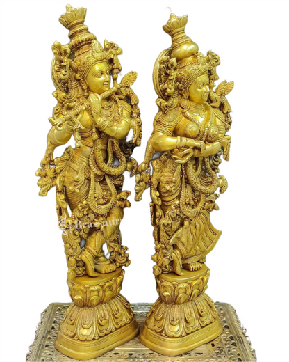 Brassaura™ Pure Brass Radha Krishna Idols – 30 Inch Height, 35 Kg Pair | Serene & Blissful Home Decor