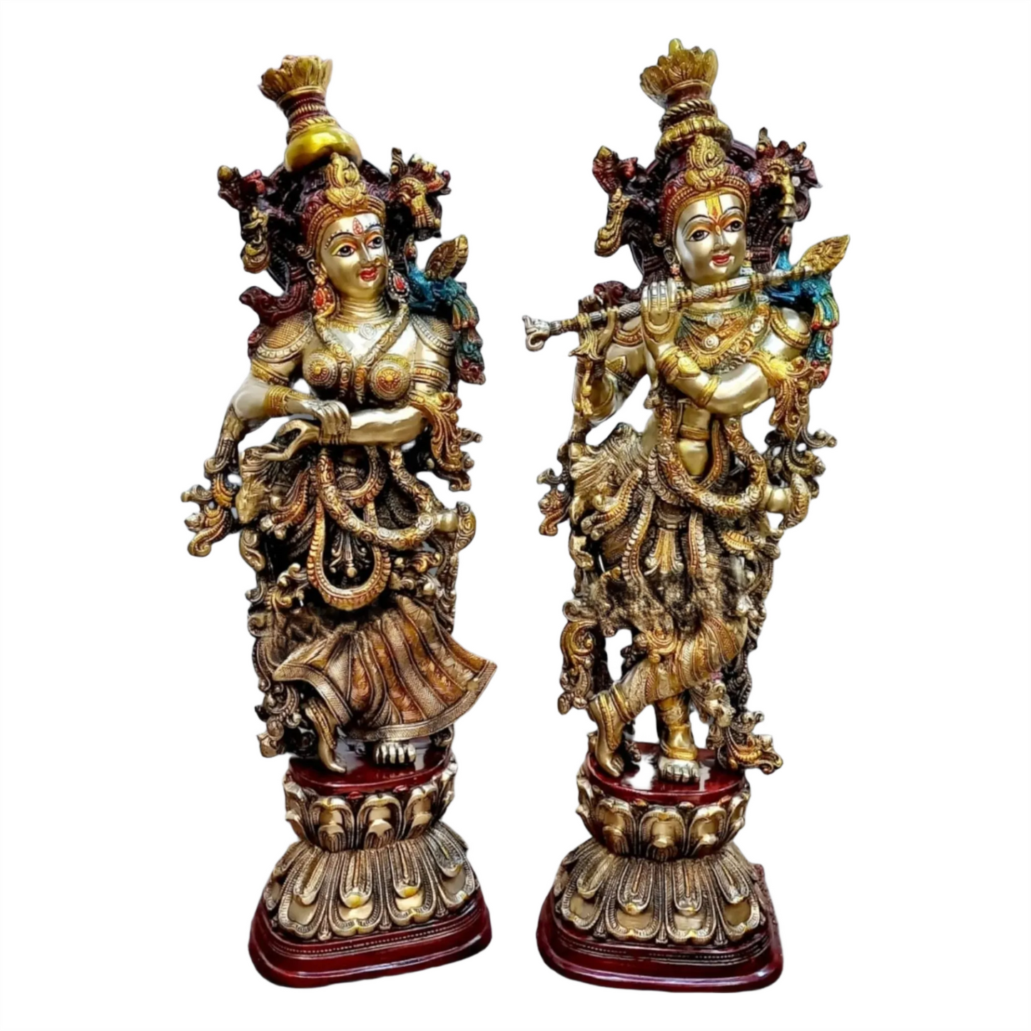 Brassaura™ Pure Brass Handpainted Radha Krishna Idols – 29 & 28 Inch Height, 32 Kg Pair | Exquisite Handcrafted Decor
